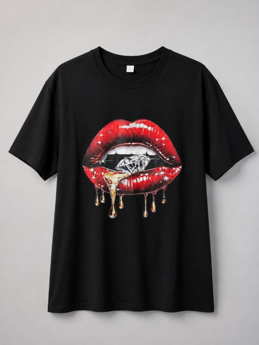 Women's Black Oversized Y2K Graphic Tee with Dripping Lips Print Size L